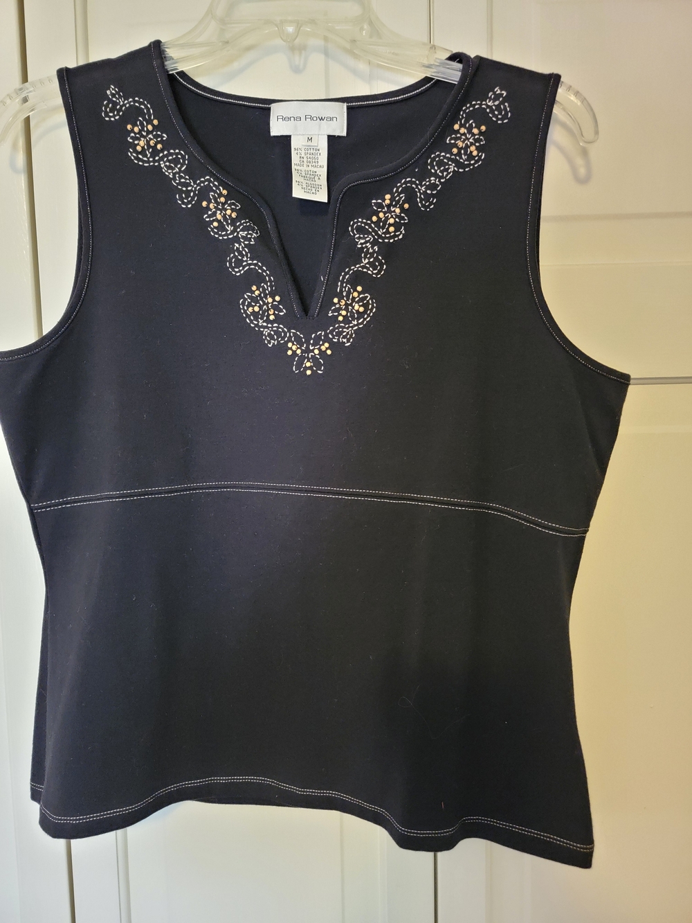 Rena Rowan Women's Black Embellished V-Notch Tank Top Size M EUC